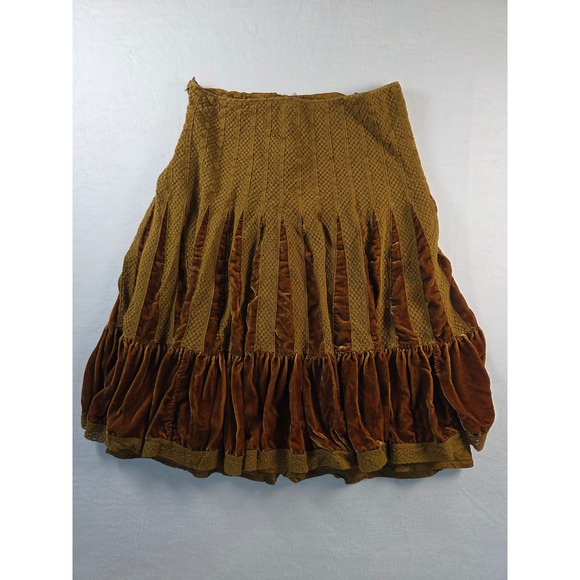 Free People Dresses & Skirts - Free People Vintage Crochet Velvet Tiered Midi Skirt Boho 10 Mustard Bronze Y2K